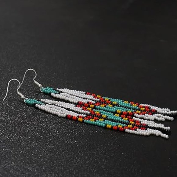 Long 4.5" Green Turquoise Blue Beaded Fringe Earrings Native American Tassel New - Picture 4 of 7